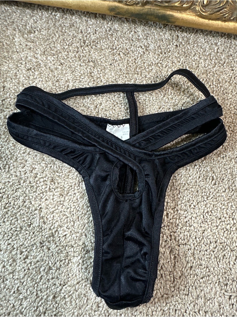 New Vintage Shirley of Hollywood Y2K Black Satin Strappy Thong Size Small